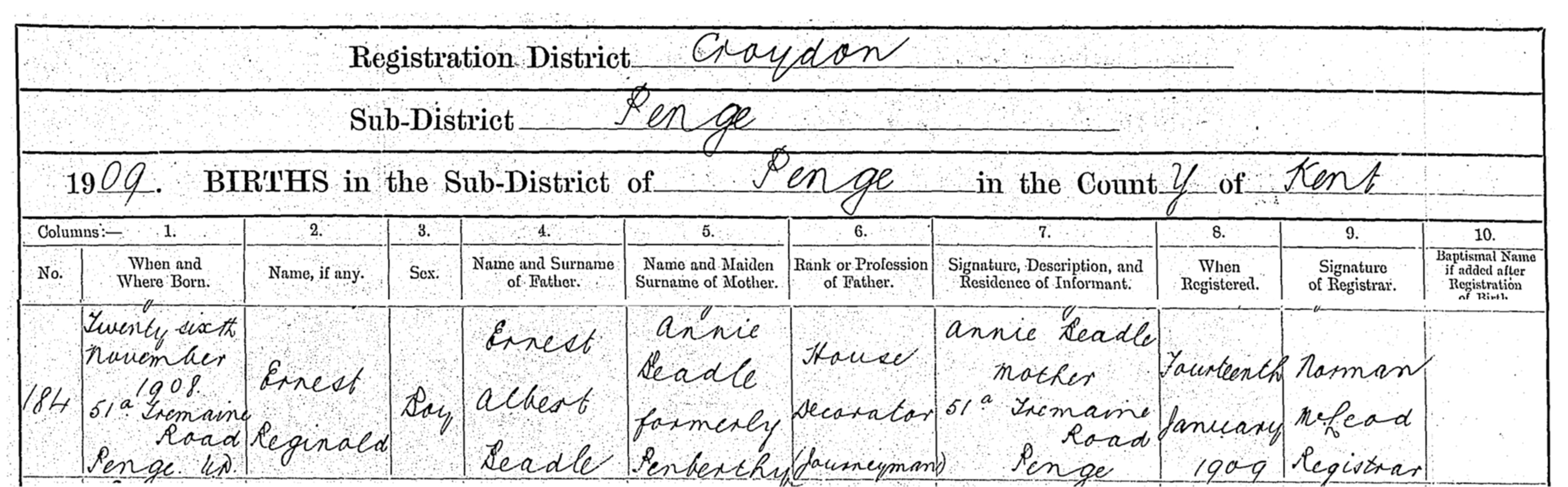 Ernest Reginald Beadle Birth Details
