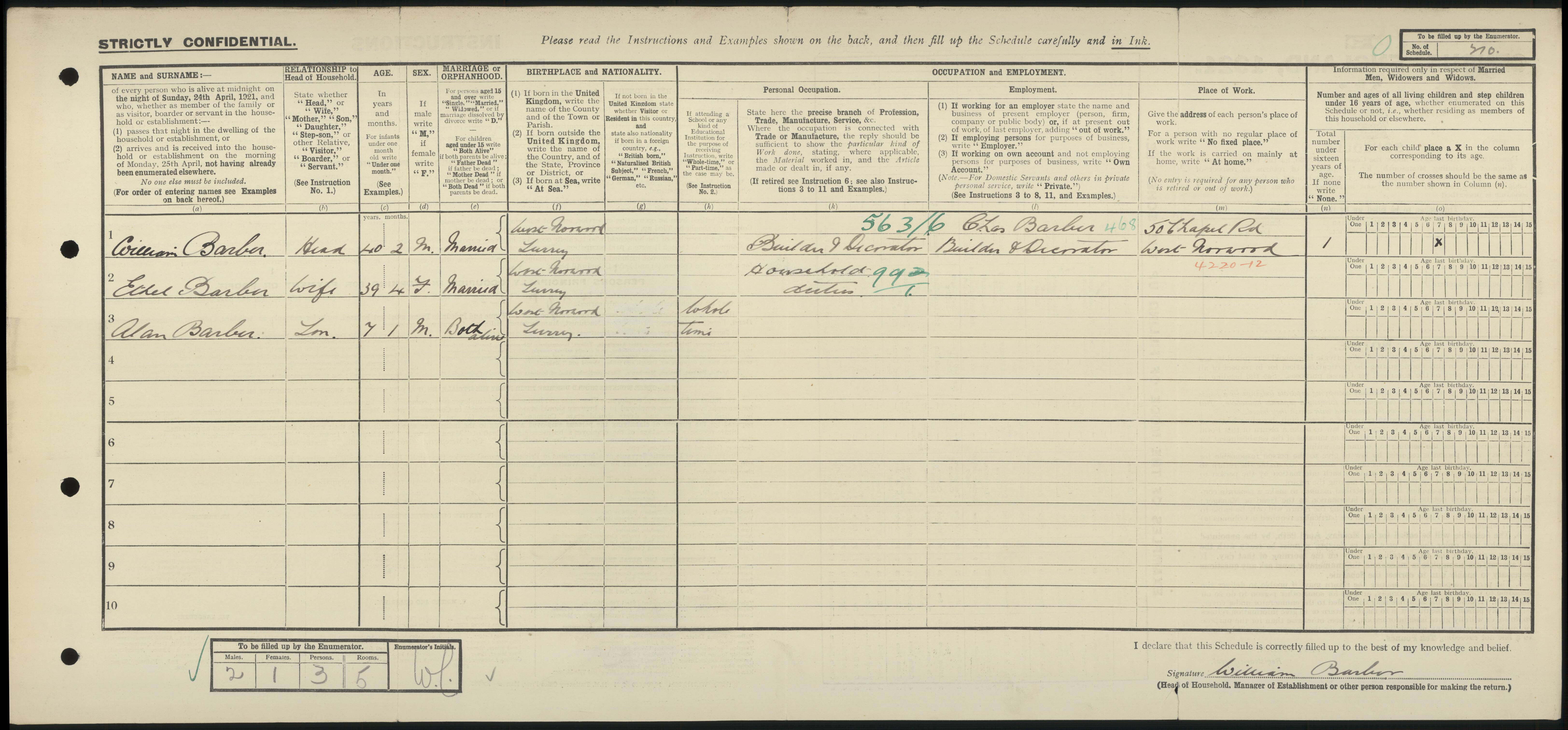 Alan Charles Barber 1921 Census